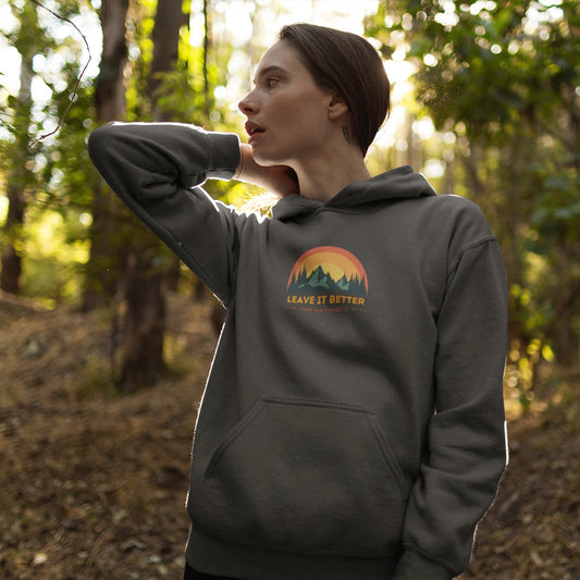 overland clothing hoodie leave it better than you found it woman in woods