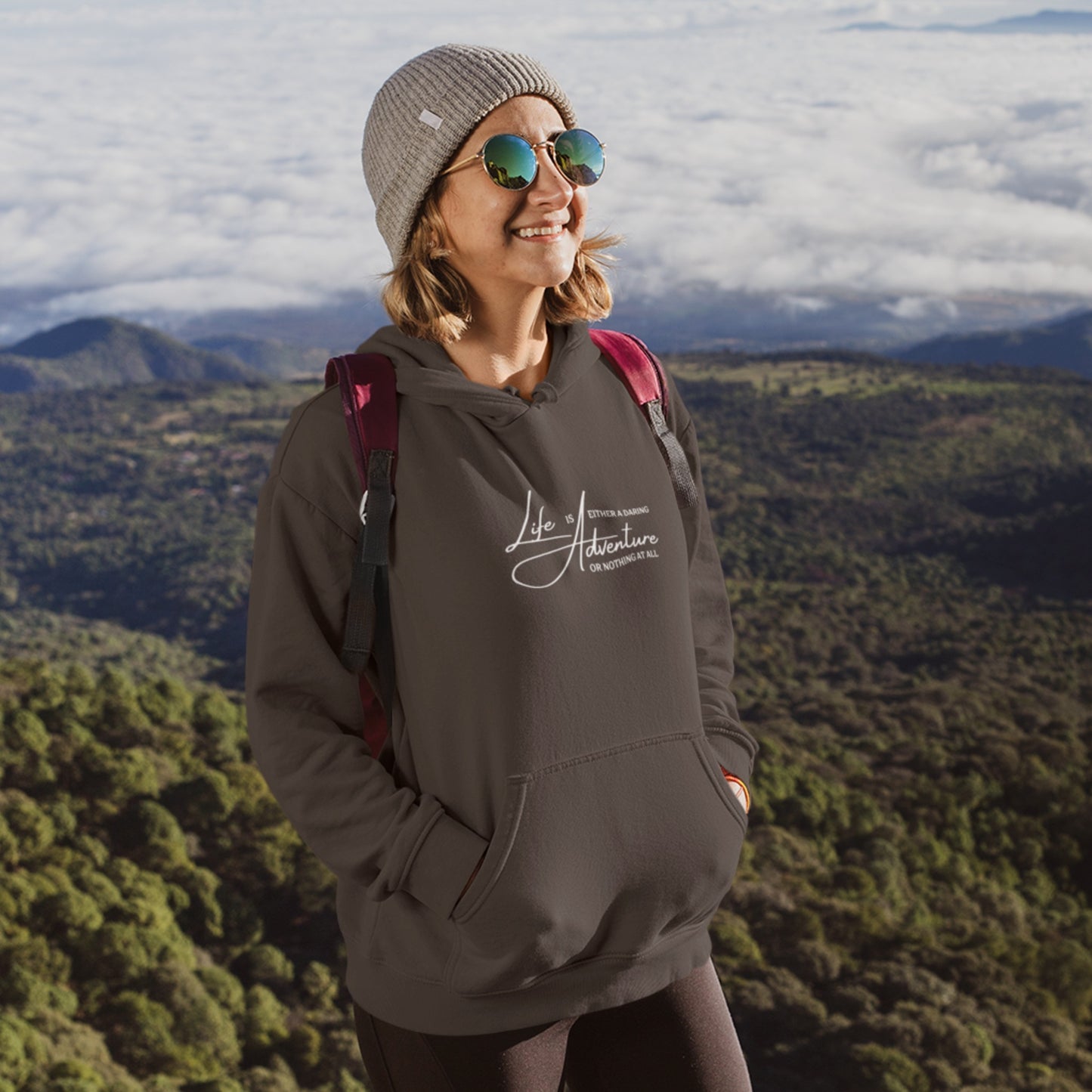 overland clothing hoodie life is either a daring adventure or nothing at all woman hiking