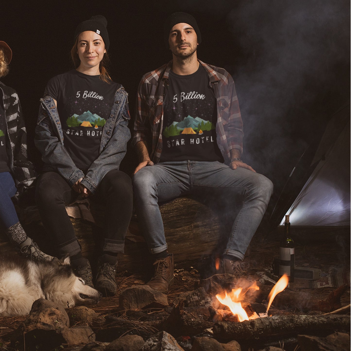 overland clothing tshirt 5 billion star hotel couple sitting by a campfire