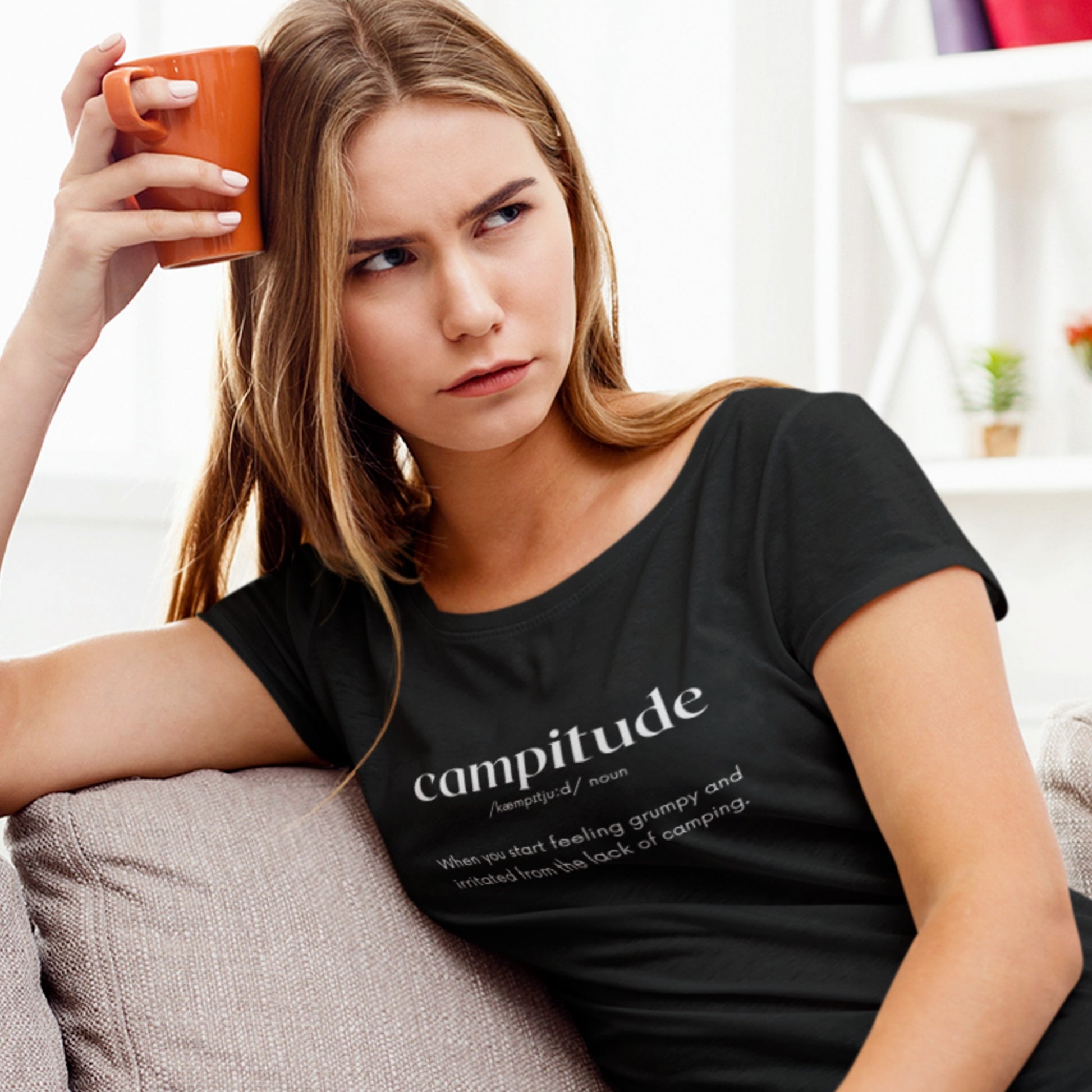 overland clothing tshirt campitude mockup stressed woman at home