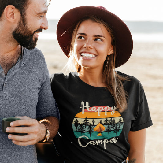 overland clothing tshirt happy camper woman giving a tender look to her boyfriend