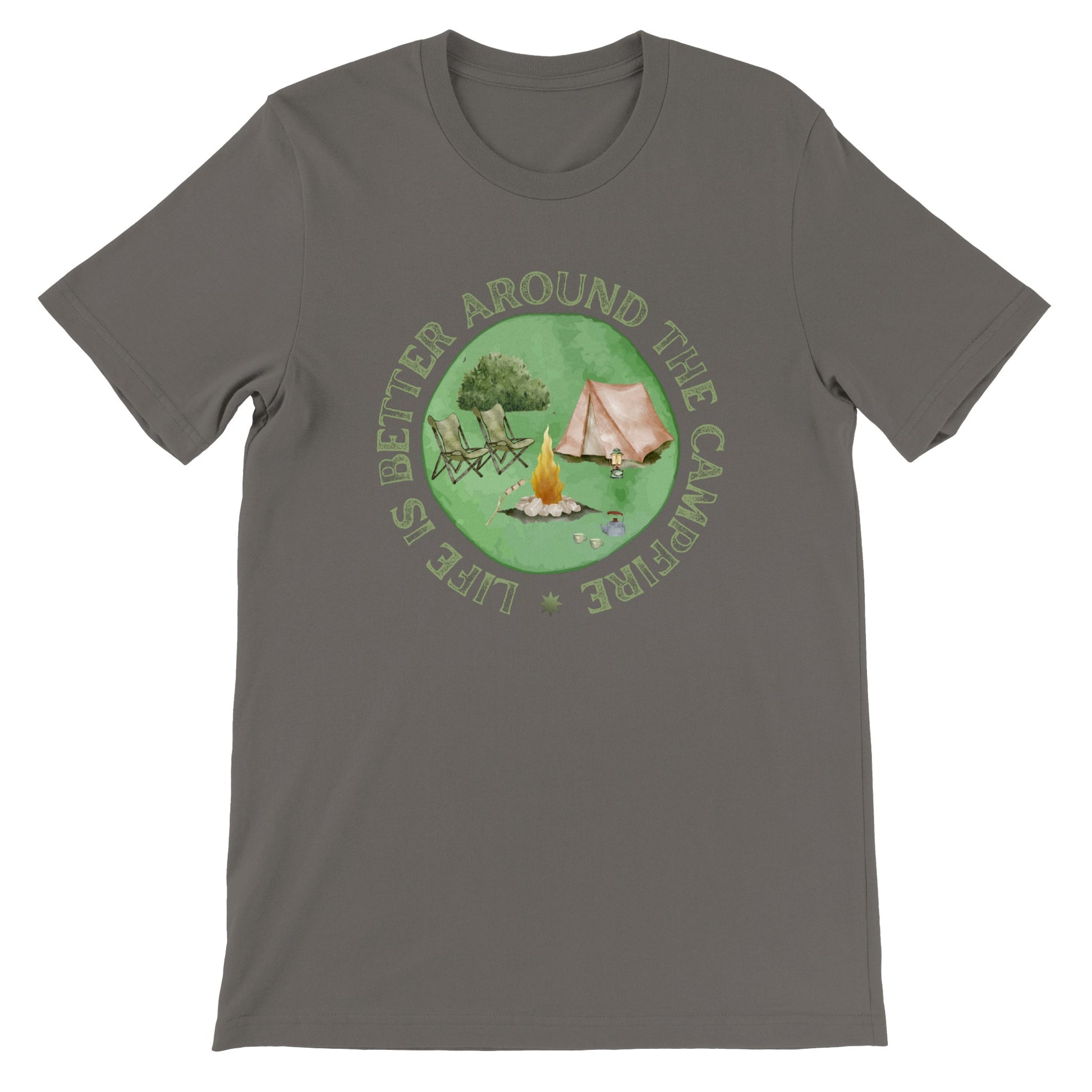 overland clothing tshirt life is better around the campfire mockup gray