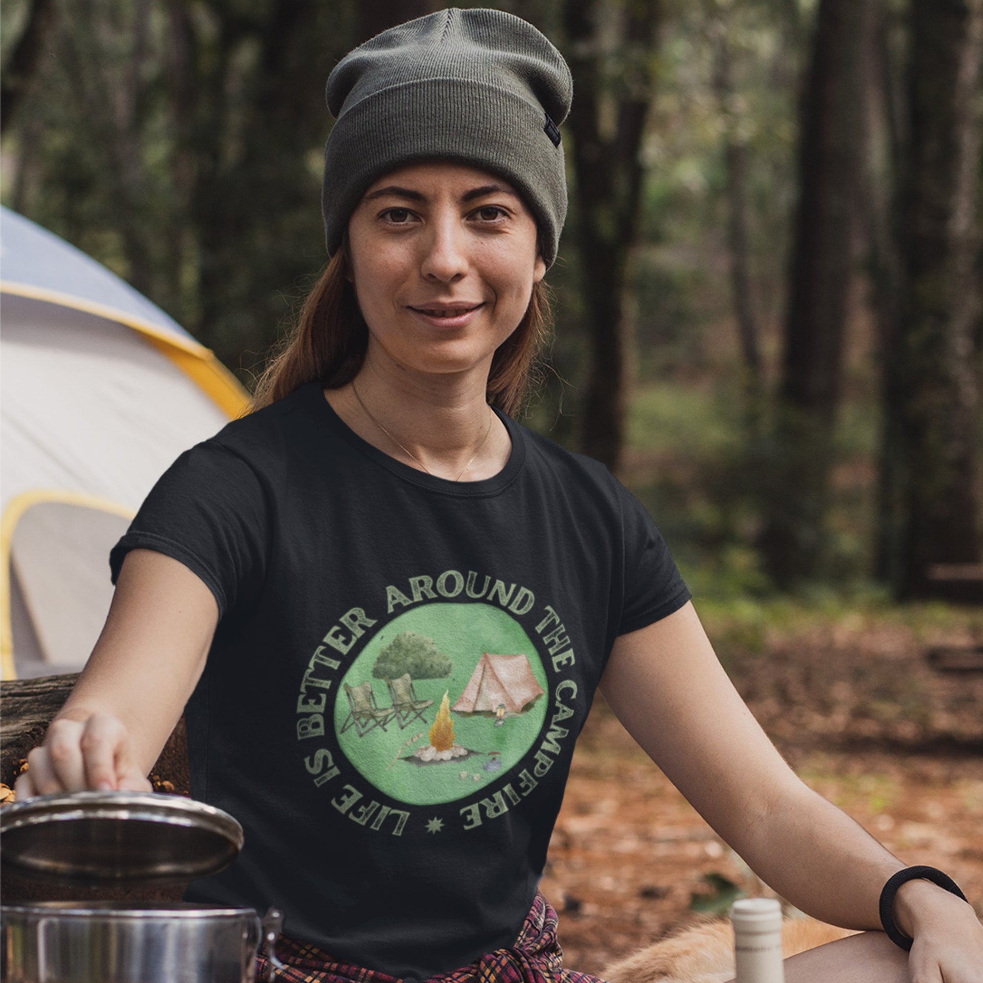 overland clothing tshirt life is better around the campfire woman at a campfire