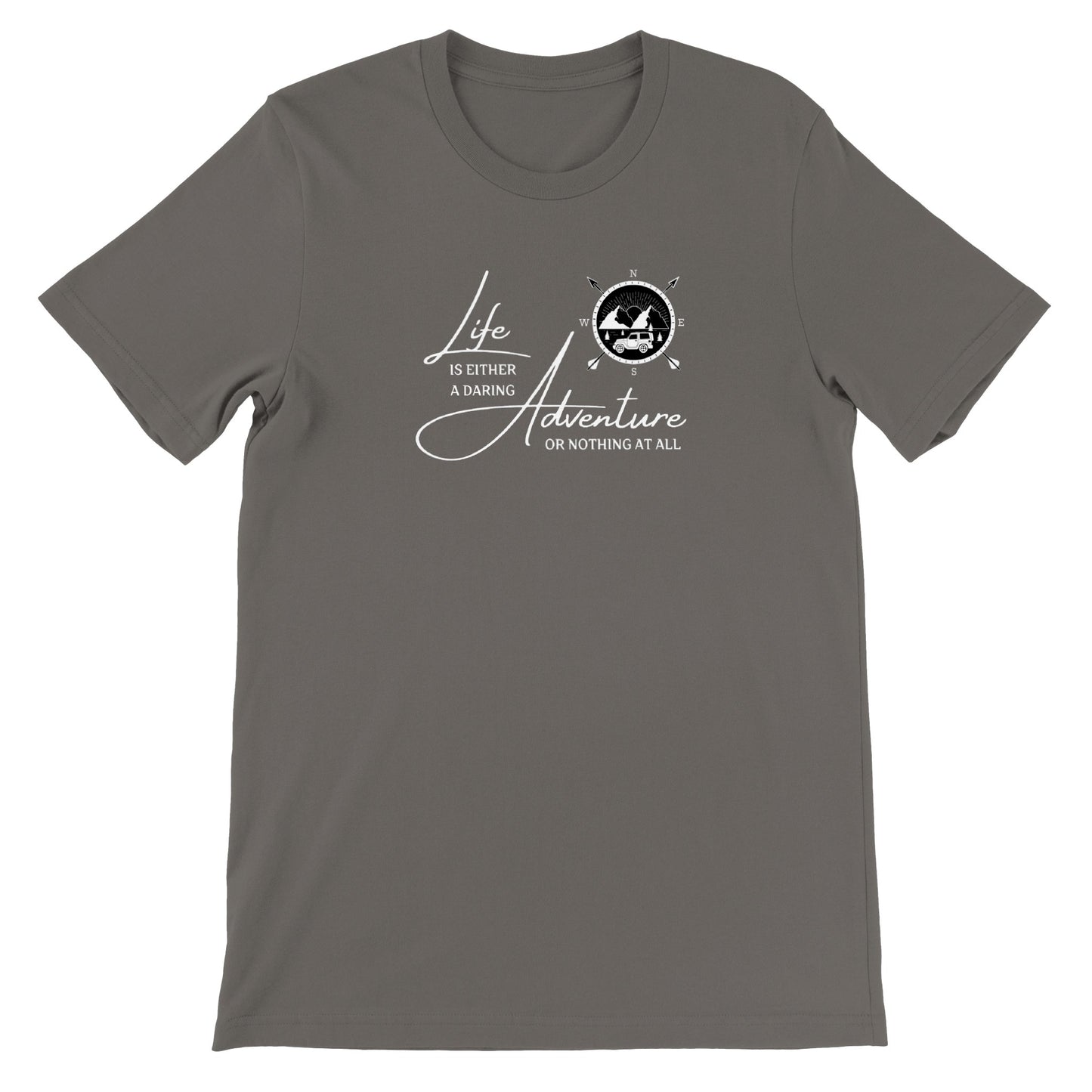 overland clothing tshirt life is either a daring adventure or nothing at all mockup gray