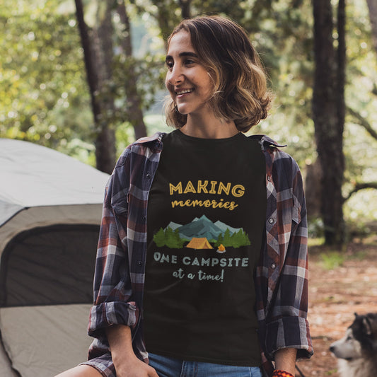 overland clothing tshirt making memories one campsite at a time woman at a campfire