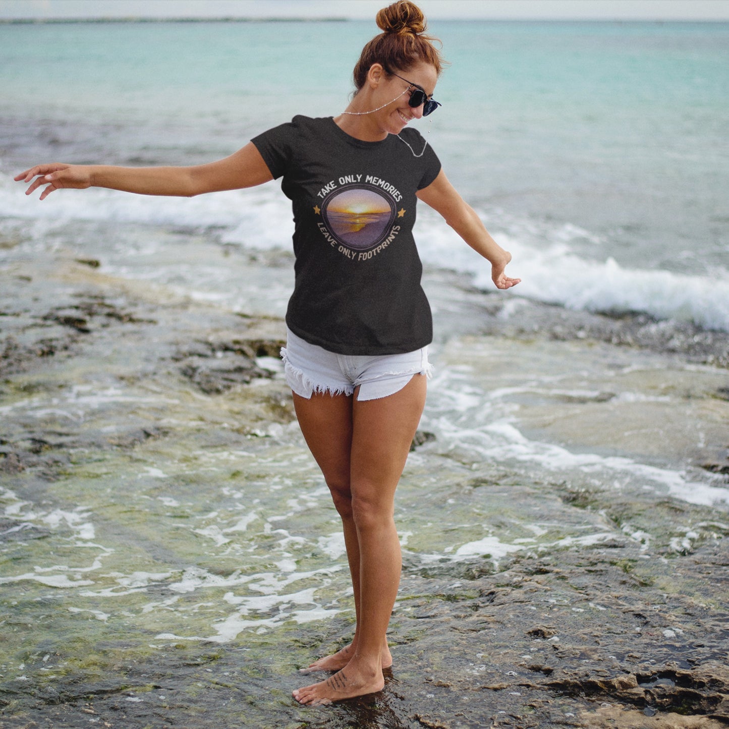 overland clothing tshirt take only memories leave only footprints trendy woman at the beach