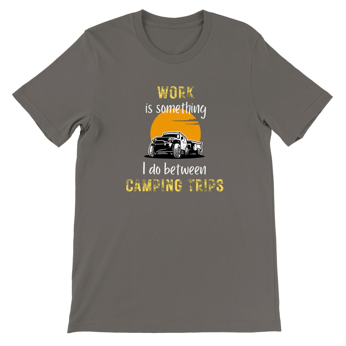 overland clothing tshirt work is something i do between camping trips mockup gray