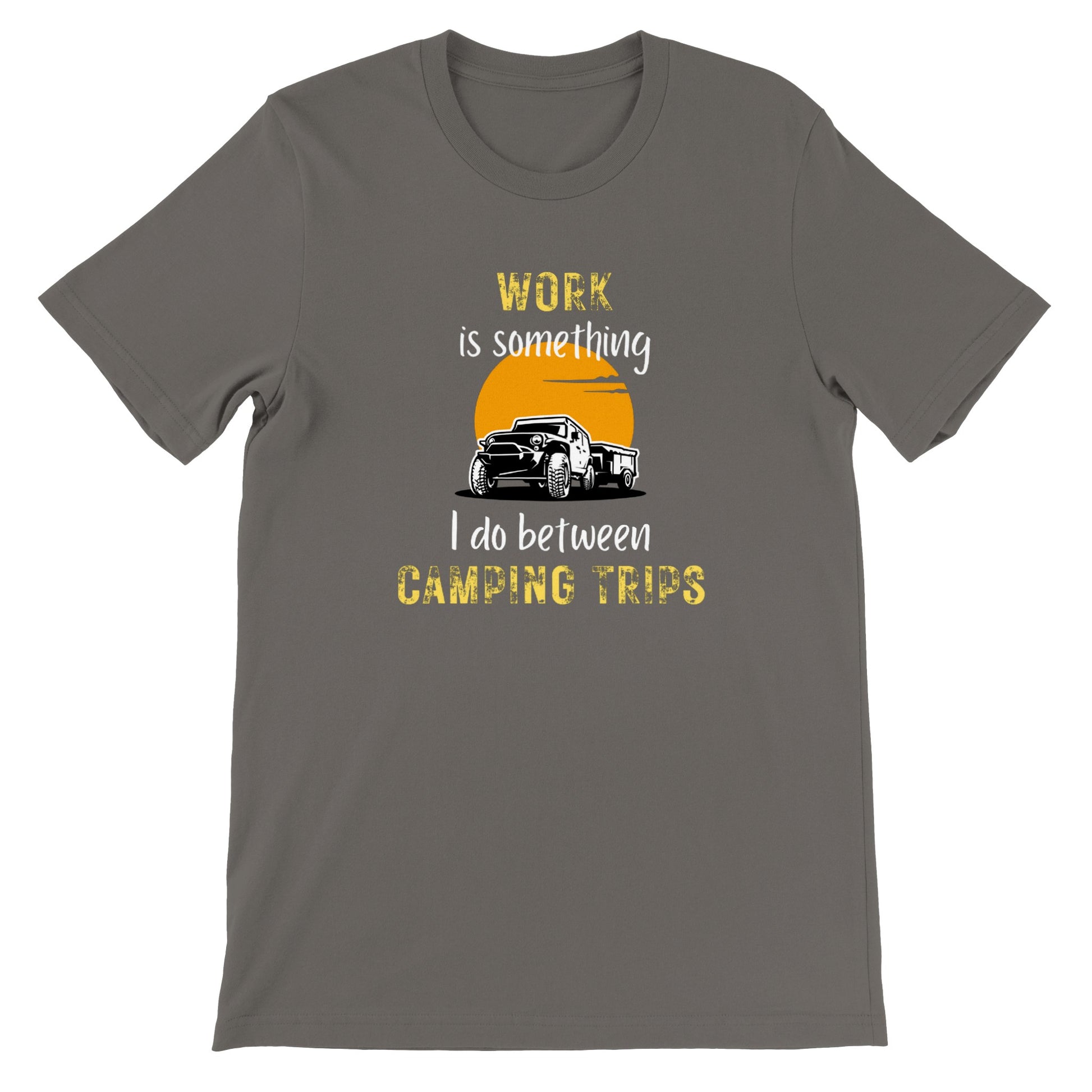 overland clothing tshirt work is something i do between camping trips mockup gray